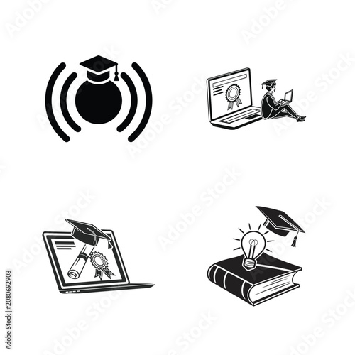 Set of black and white education icons featuring graduation caps and digital learning symbols