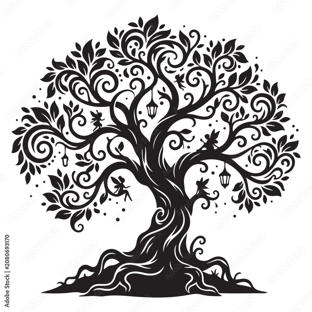 Fototapeta premium Tree Silhouette Line Art Bold Outline Nature Forest Vector Illustration