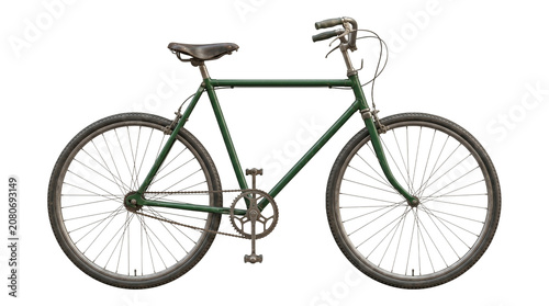 Canvas Print Vintage green commuter bicycle with metallic frame and leather seat isolated on transparent background png asset