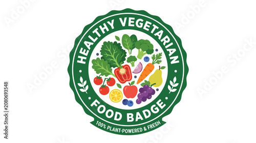 Foto Vegetarian food badge with colorful vegetables.