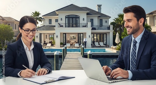 Business Meeting by Luxurious waterfront Home with Laptop and Notebook
