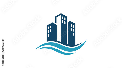 City skyline with wavy water.