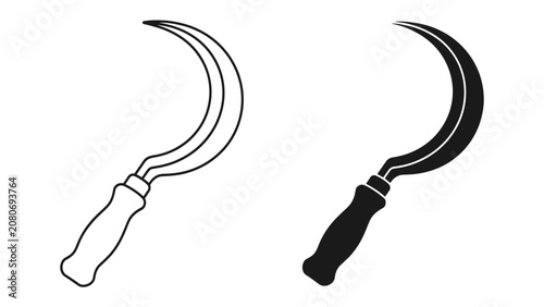 Foto Sickle Icon Set: A clean and simple depiction of a sickle tool, presented in both outline and solid silhouette forms, representing agricultural work and harvest