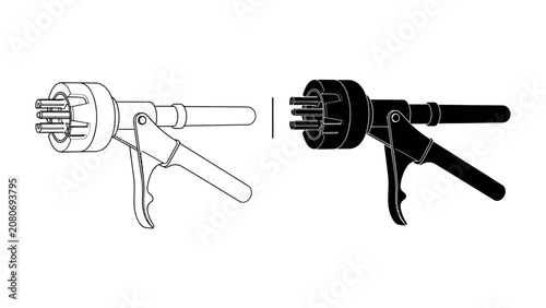 Cuadro en lienzo Cable crimping tool, two views: A clear line drawing and a silhouette of a cable crimping tool, showcasing its design from two distinct perspectives