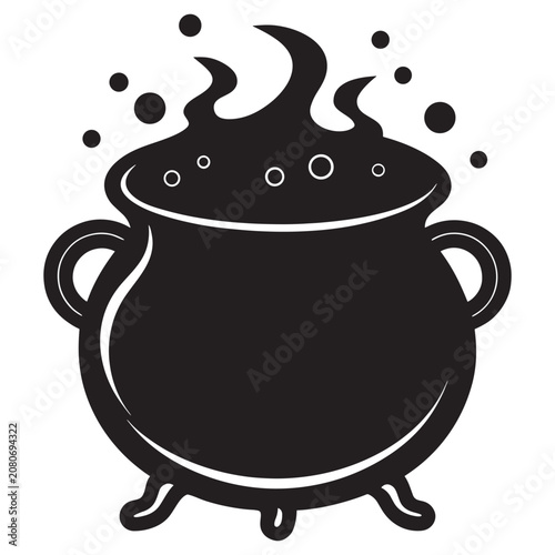 Schilderij op canvas Black and white of a cast iron cauldron with bubbling magical potion and rising