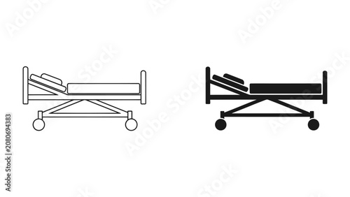 Photos Hospital Bed Icon: A clean and simple illustration of a hospital bed, presented in both outline and solid black styles, suitable for medical and healthcare-related designs
