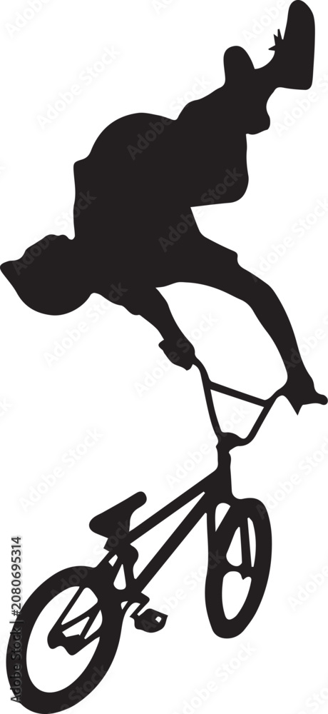 Obraz premium BMX freestyle rider performing aerial stunt silhouette vector illustration isolated on white background, extreme cycling sports action and adventure