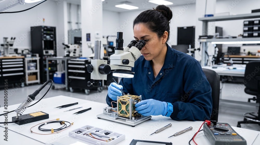 Fototapeta premium Female Engineer Working on Satellite Components Under Microscope