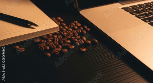 Coffee beans and notebook on a dark workspace next to a laptop, highlighting a productive morning setup