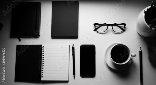 Minimalist workspace flatlay featuring essential items for work and study, arranged neatly on a clean surface.
