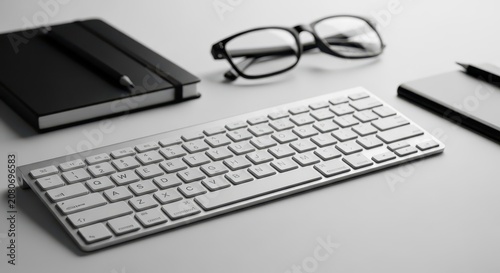 Modern Desk Setup Featuring Keyboard Notebook and Reading Glasses for Focused Work