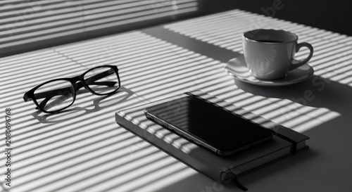 Smartphone, Notebook, Glasses, and Coffee Cup on a Desk with Sunlight and Shadow Patterns