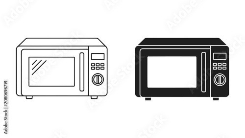 Photos Microwave Oven Icons: Two simple icons of a microwave oven, one outlined in black and white and the other filled in solid black, represent a modern kitchen appliance