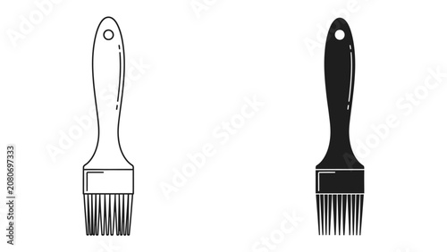 Vászonkép BBQ Brush Icon: A digital illustration displays a pair of BBQ basting brushes, one in outline and the other in silhouette, ready for culinary use