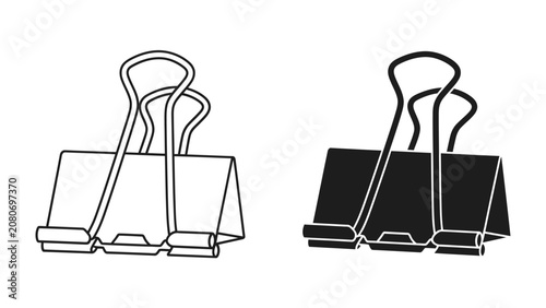 Foto Binder Clips: A black and white line drawing of two binder clips, one solid black and one outlined, showcasing their simple yet effective design for organizing papers