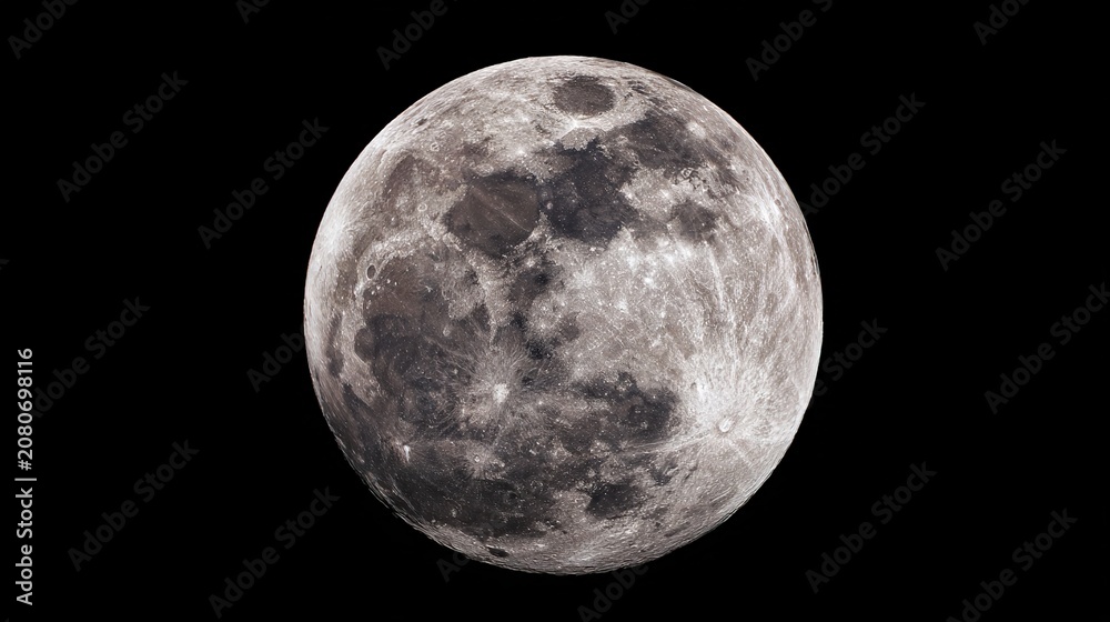 Obraz premium telescope. Detailed full moon with visible craters, isolated against a deep black background for a crisp celestial view. STEM education sheets.