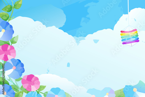 Canvastavla Japanese Morning Glory Floral Ornament With Clouds And Wind Chime