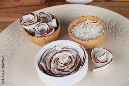 Fresh coconut fruit cut into various shapes