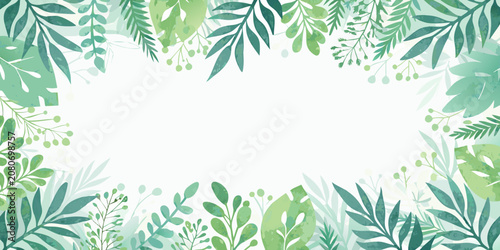 Vászonkép Green leaf frame watercolor illustration with botanical elements and white backg