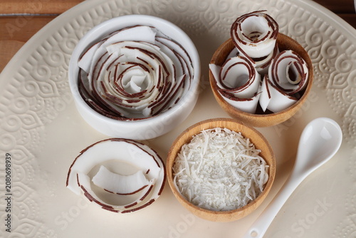 Fresh coconut fruit cut into various shapes