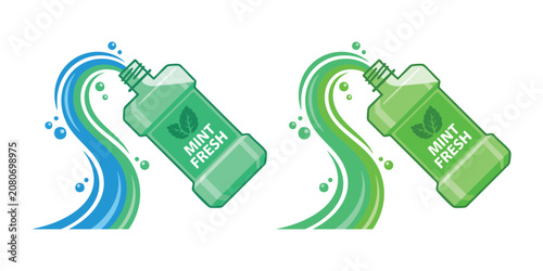 Bild auf Leinwand Mint Mouthwash Bottle Splash Vector, Fresh Breath Liquid Oral Rinse Illustration