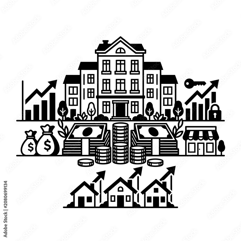Fototapeta premium Apartment investment with cash stacks and financial growth charts.