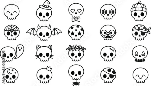 Halloween skull icons set black and white illustrations for spooky decorations and designs