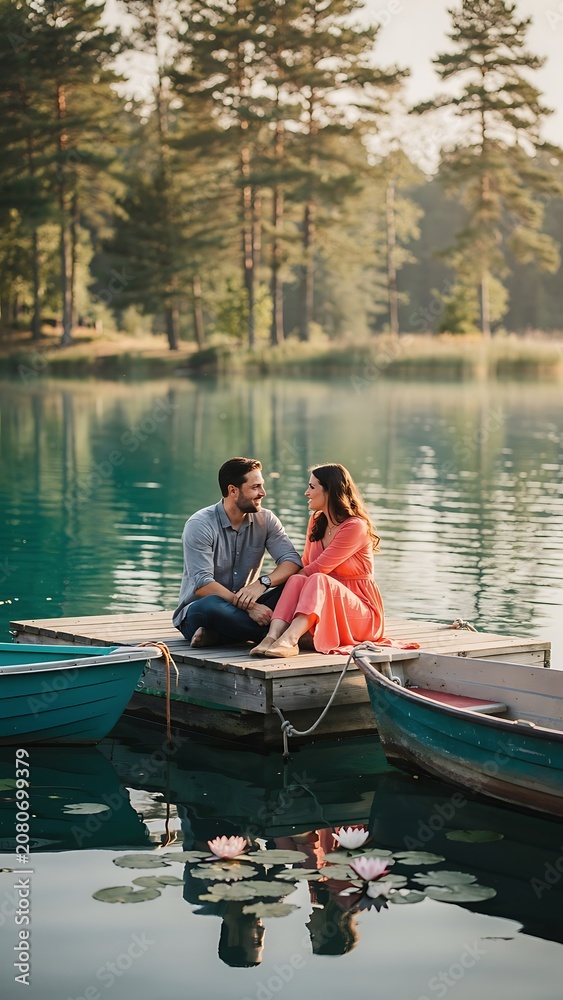 Fototapeta premium A romantic couple sitting on a wooden dock at a serene lake.