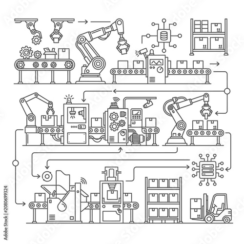 Automated factory floor layout with multiple production lines.