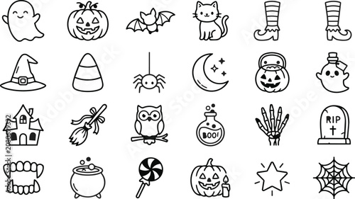 Halloween icons and symbols for kids and adults black and white illustrations