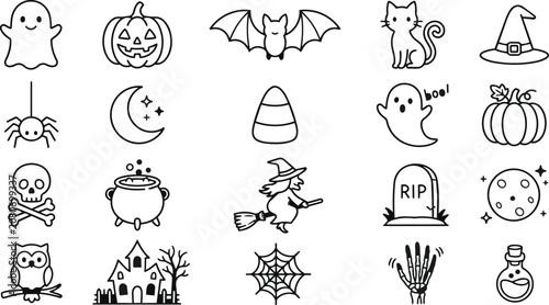 Halloween icons and symbols for kids and adults spooky black and white illustrations