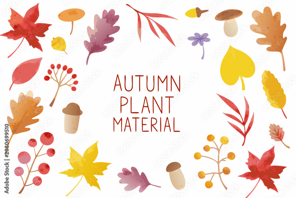 Fototapeta premium Watercolor autumn leaves and berries collection on white background