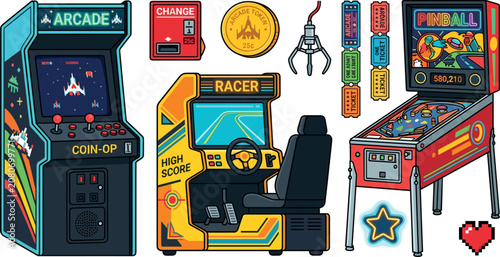 Retro Arcade Game Machine Vector Set with Neon Pinball Machine Racing Simulator Cabinet Token Changer Claw Crane and Pixel Prize Tickets