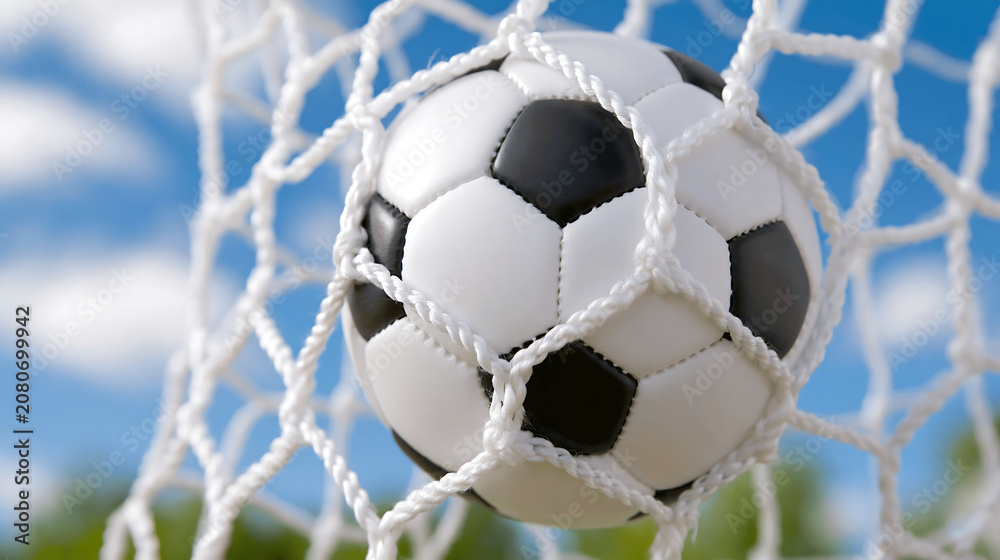 Fototapeta premium Soccer ball caught in white net against blue sky, dynamic goal celebration and motion excitement