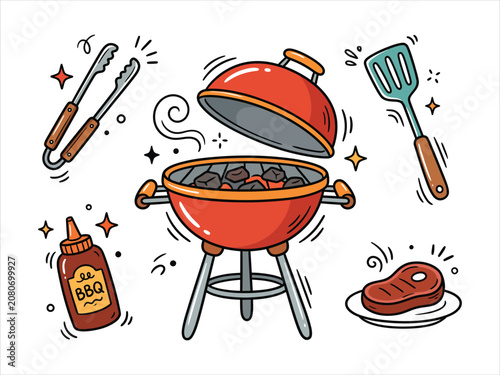 Barbecue grill outdoor cooking vector doodle set