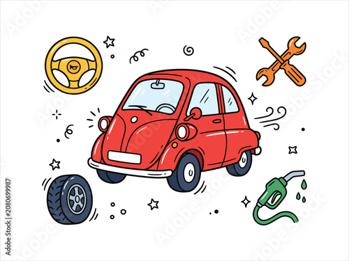 Red compact car auto repair vector doodle