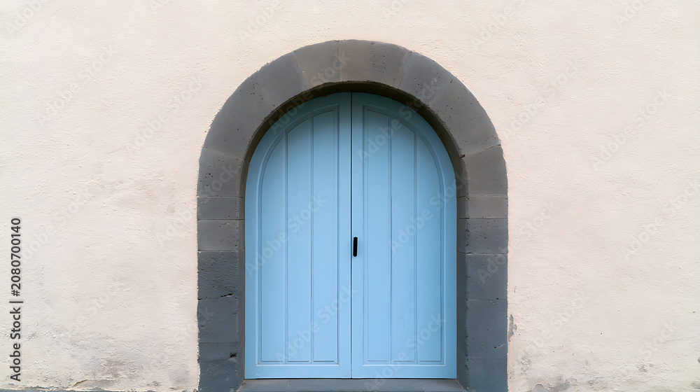 Fototapeta premium A serene light blue arched wooden door against a textured off-white wall, framed by a dark stone archway, evoking tranquility and rustic charm