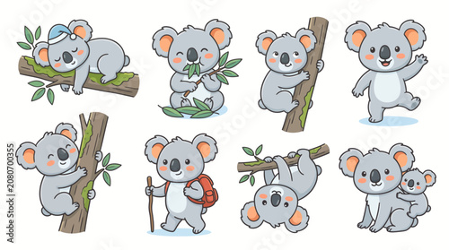 Photography Cute Kawaii Koala Character Collection Set with Various Poses and Activities, Ca