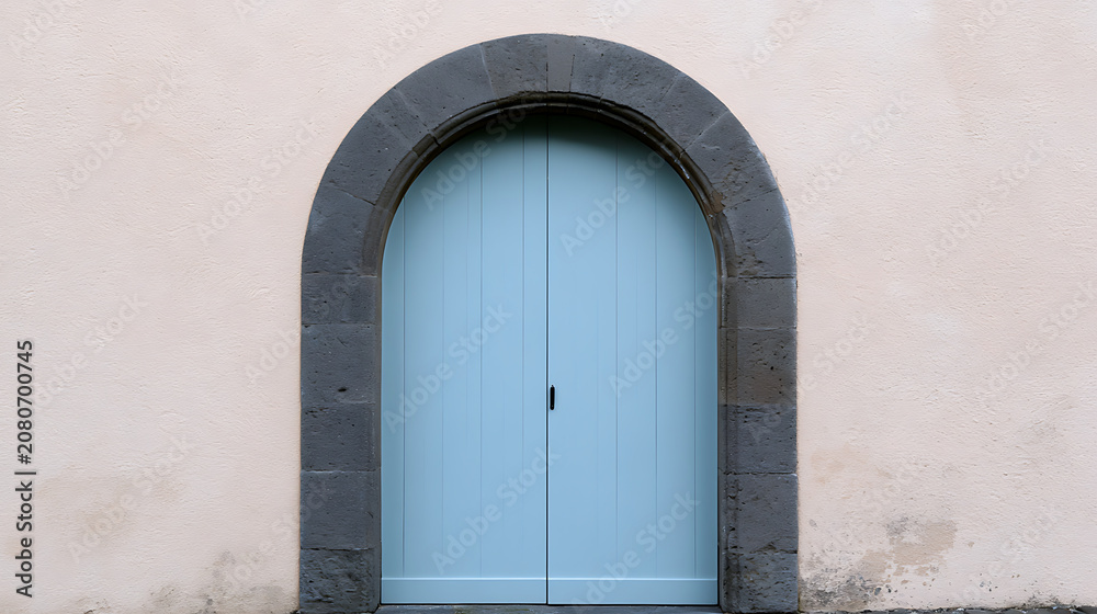 Fototapeta premium Minimalist Archway with a Pale Blue Wooden Door Set in a Light Beige Wall, Architectural Detail and Historical Charm