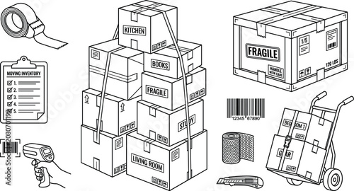 Obraz na plátně Isometric Home Moving and Packing Service Vector Line Art Set with Cardboard Box