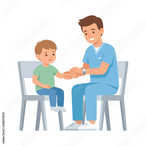 A friendly male medical professional in blue scrubs comforts a worried little boy while checking his hand during a checkup visit.