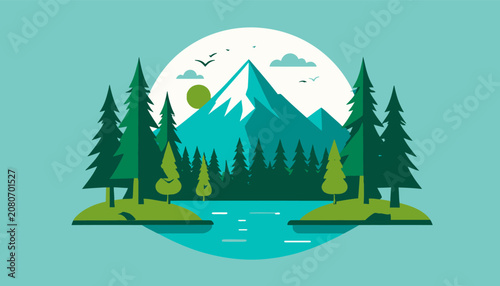 Round landscape with mountain peaks lake and pine trees.