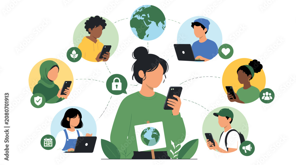 Fototapeta premium Central Woman Using Smartphone Among Diverse Group Illustration.