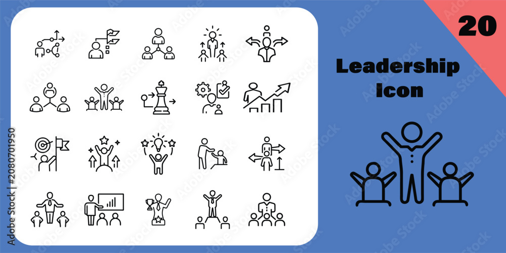 Naklejka premium Leadership and Teamwork Line Icon Set, Business Strategy, Goal Achievement and Success Editable Stroke Vector Icons