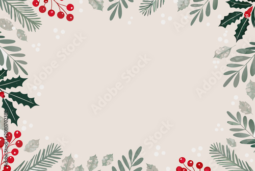 Holly And Berries Floral Ornament With Beige Background