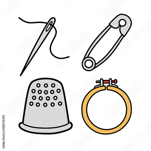 set of four Sewing and Crafting Essentials including needle with thread safety pin thimble and embroidery hoop vector