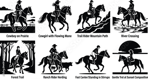 Bild auf Leinwand Black silhouette illustrations of horseback riders including cowboys, cowgirls,
