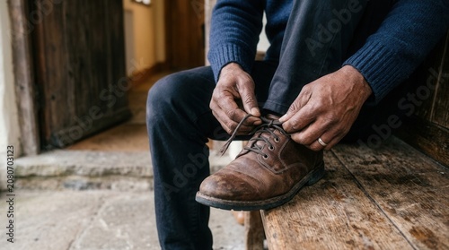 A man sits on a bench tying his brown leather dress shoe.