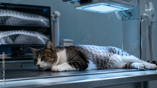 Cat spine intervertebral disc disease veterinary radiology concept image showing subtle spinal compression in an animal hospital setting for medical education, diagnostic imaging, and pet owner patien