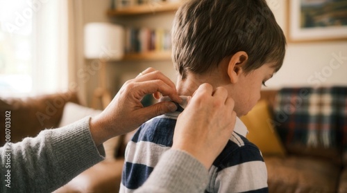 A woman helps a young boy put on a hearing aid in a cozy living room.